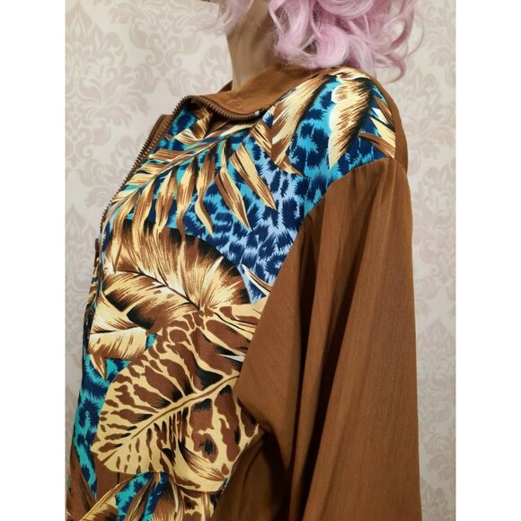 Vintage 80s Womens Bomber Jacket Blue Leopard Print Brown Palm Leaves Size S M - Picture 11 of 11